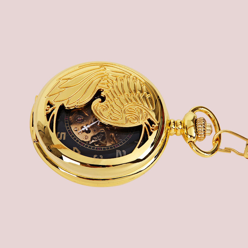 8958 Luxe Gouden Zakhorloge Retro Perspectief Skeleton Gold Phoenix Patroon Case Hollow Dial Hanger Mode Waarde Gift Tafel