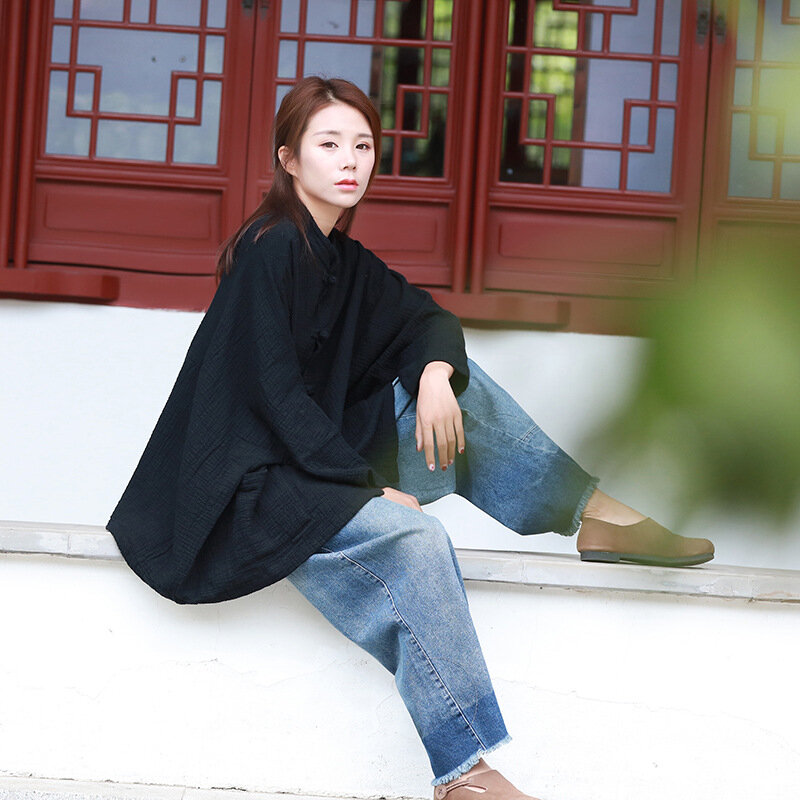 Estilo chinês gola outono outwear camisa vintage overshirt manga longa botão blusa vermelho preto