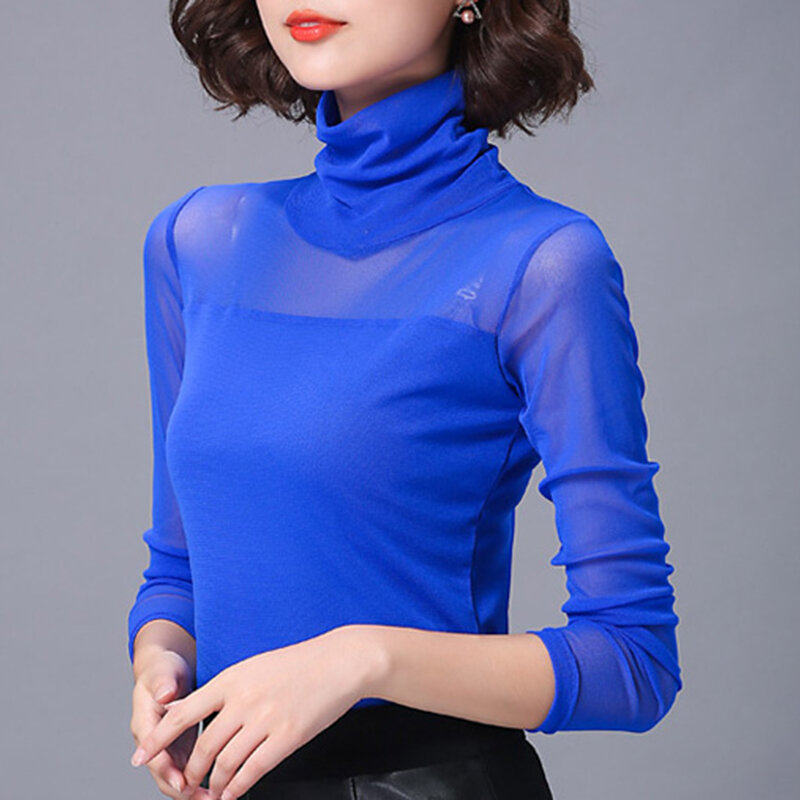 Blusa Sexy de encaje para mujer, camisa de cuello alto, elástica, informal, color negro