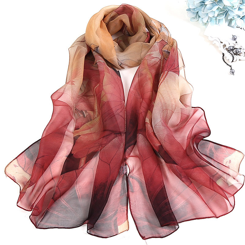 New Fashion Women Foulard Chiffon Georgette Silk Scarf Lotus Leaf Rose Flower Print Sunscreen Bandana Long Shawl Wrap HY139