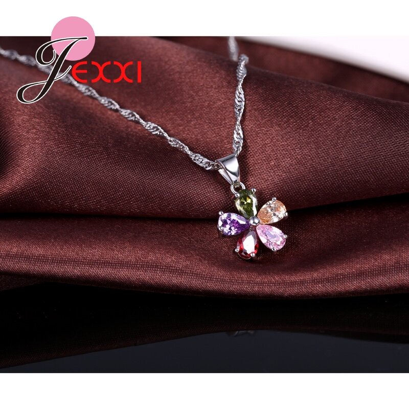 Shinning Flower kolorowe CZ kryształowy wisiorek biżuteria ustawia 925 srebro naszyjnik + Dangle/kolczyki w kształcie obręczy zestawy