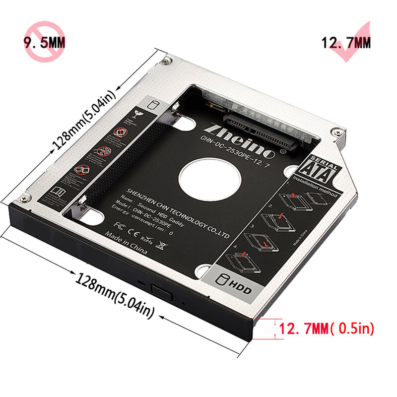Zheino อลูมิเนียม 12.7 มม.2ND HDD SSD แคดดี้ 2.5 SATA TO SATA กรอบแคดดี้ HDD อะแดปเตอร์เบย์สำหรับโน๊ตบุ๊คแล็ปท็อป CD/DVD-ROM