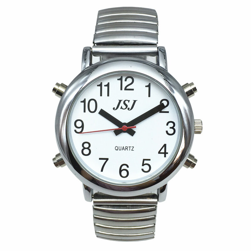 Englisch Sprechen Uhr mit Alarm, Weißes Zifferblatt, Silber Rahmen, Expansion Band