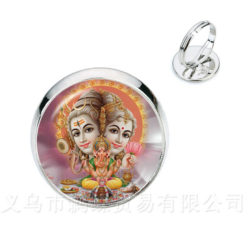 Classic India Rings God Brahma,Vishnu, Lord Shiva Jewelry Glass Cabochon Adjustable Silver/Golden Plated Religion Jewelry Gift