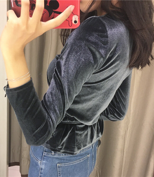 2018 새로운 패션 S-10XL v 넥 벨벳 긴 소매 블랙 그레이 여성 슬림 탑스 붕대 불규칙한 티셔츠
