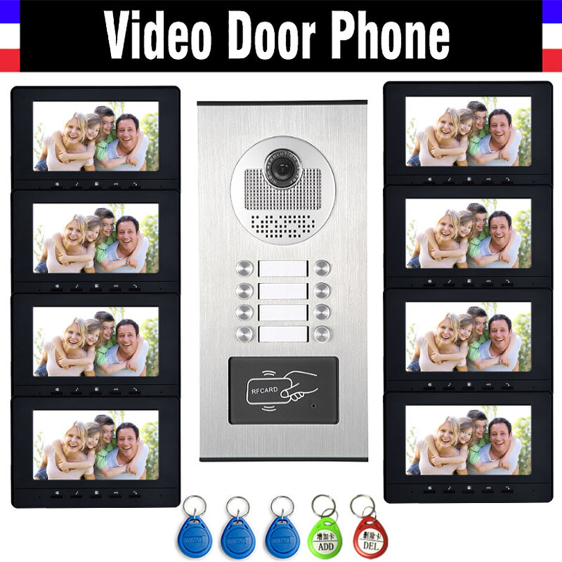 8 unidades de Apartamento Interfone Vídeo Porteiro Sistema de Telefone Da Porta de Vídeo Kit Câmera HD 7 "Monitor com RFID keyfobs para 8 domésticos