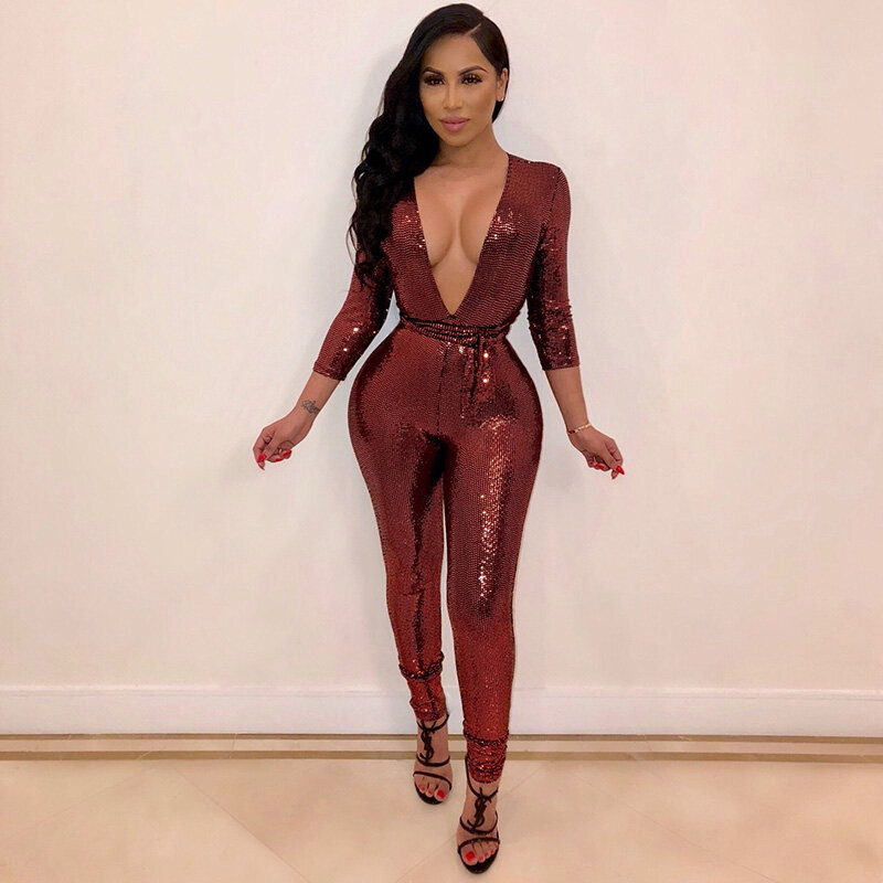2019 Sexy Women Sequined Jumpsuit Long Sleeve Deep V Neck Jumpsuit Solid Pattern Skinny Sequin Jumpsuit Club Glossy Bodysuits
