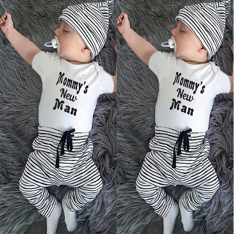 3PCS Set Newborn Infant Baby Boy Clothes Lovely Mommy's New Man letter Print Bodysuit Tops Striped Long Pants Hat Outfits Suit
