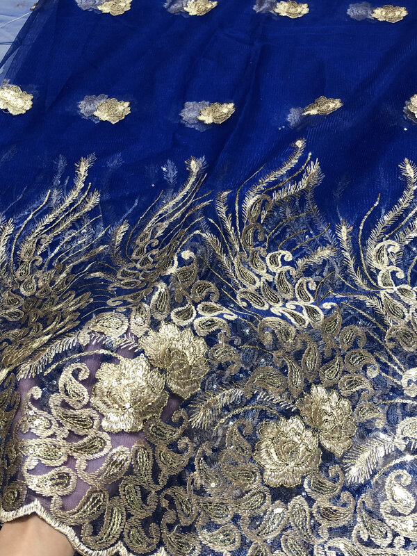 Alta qualidade azul real africano ouro lantejoulas laço francês tecido do laço para festa de casamento bordado tecido de renda africano