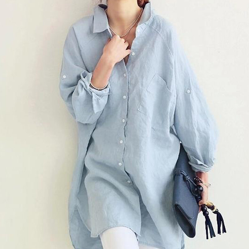 Blusa holgada informal de lino para mujer, camisa de manga larga para oficina, color blanco, AB1332, primavera y otoño, 2019