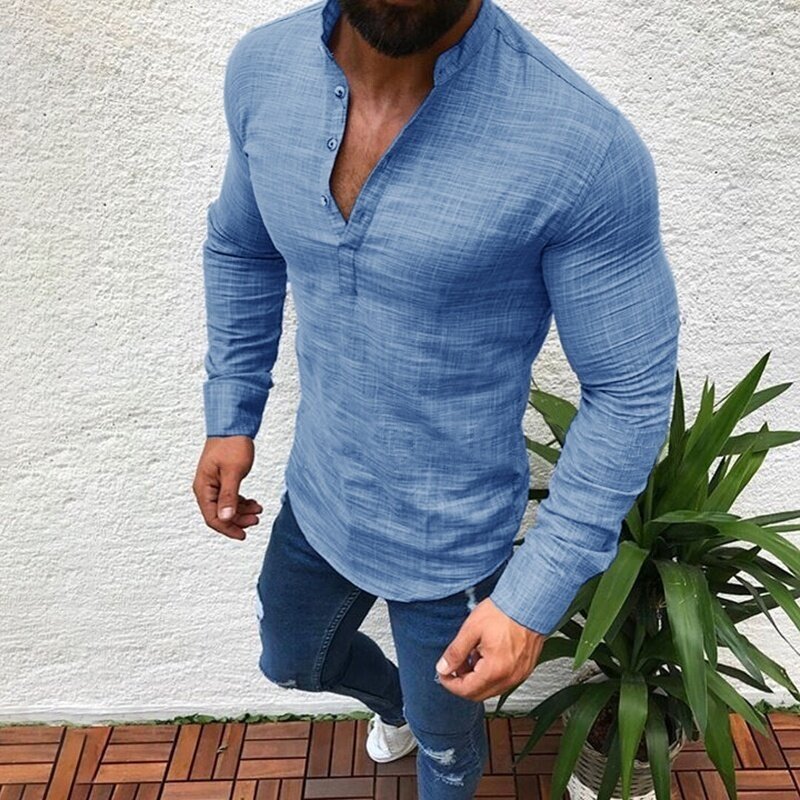 ZOGAA-Camiseta de Manga larga de lino para hombre, camisa sin cuello, moda asiática