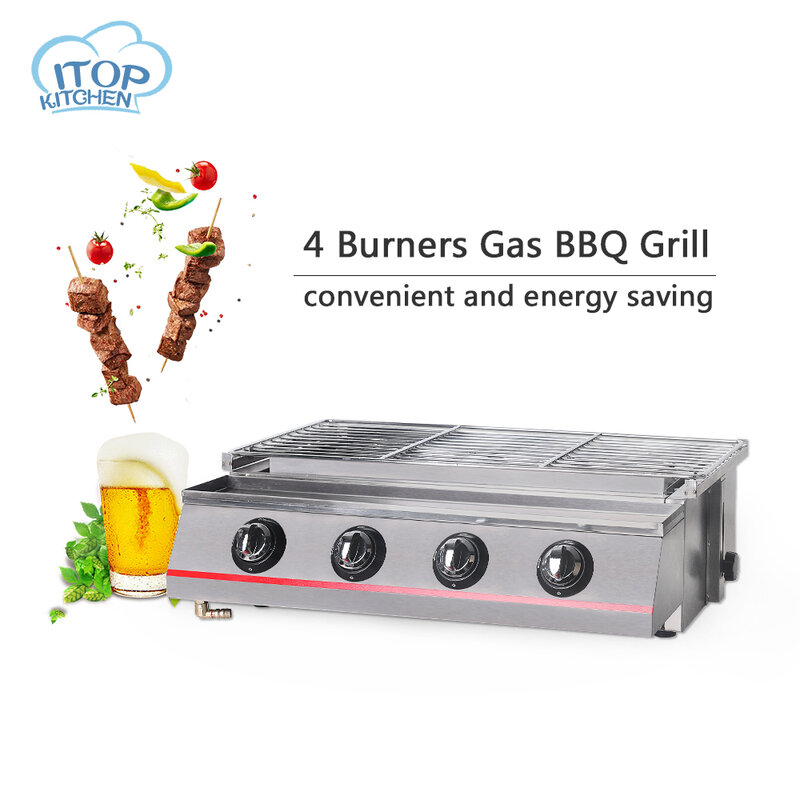 4 Burners Gas BBQ Grill Smokeless Stove Commercial Fast Delivery Adjustable Height Portable