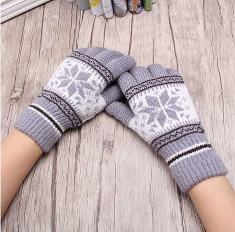 NEW Fashion Guantes Men &Women Winter Warm Gloves Knitting Snowflake Pattern Full Finger Gloves HW3