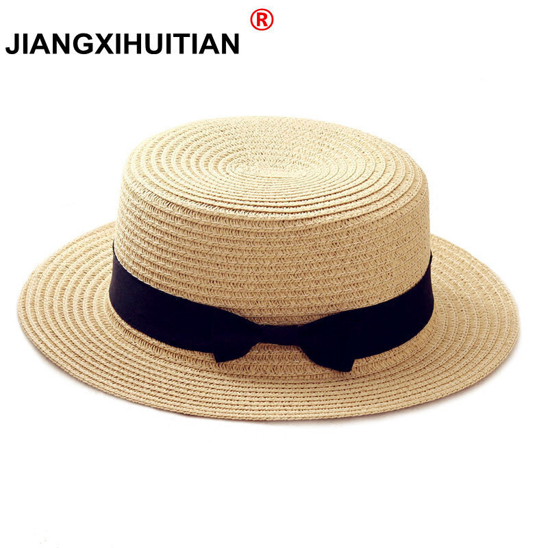 2022 간단한 여름 해변 모자, 여성 캐주얼 파나마 모자, 레이디 브랜드, 플랫 브림 나비 매듭 밀짚 모자, 여아 태양 모자