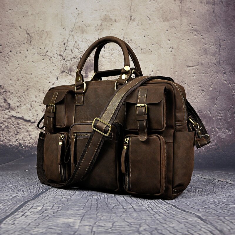 Crazy Horse Leather Fashion Business Briefcase Messenger Bag Male Design Travel Laptop Document Case Tote Portfolio Bag 3061-d