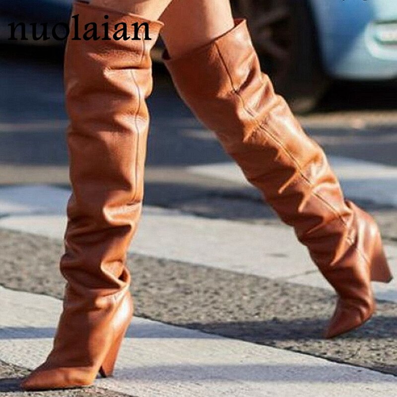 9CM High Heels Thigh high Boots Shoes Women Faux Fur Winter Snow Shoe Woman Black Leather Over The Knee Boots Long Winter boot
