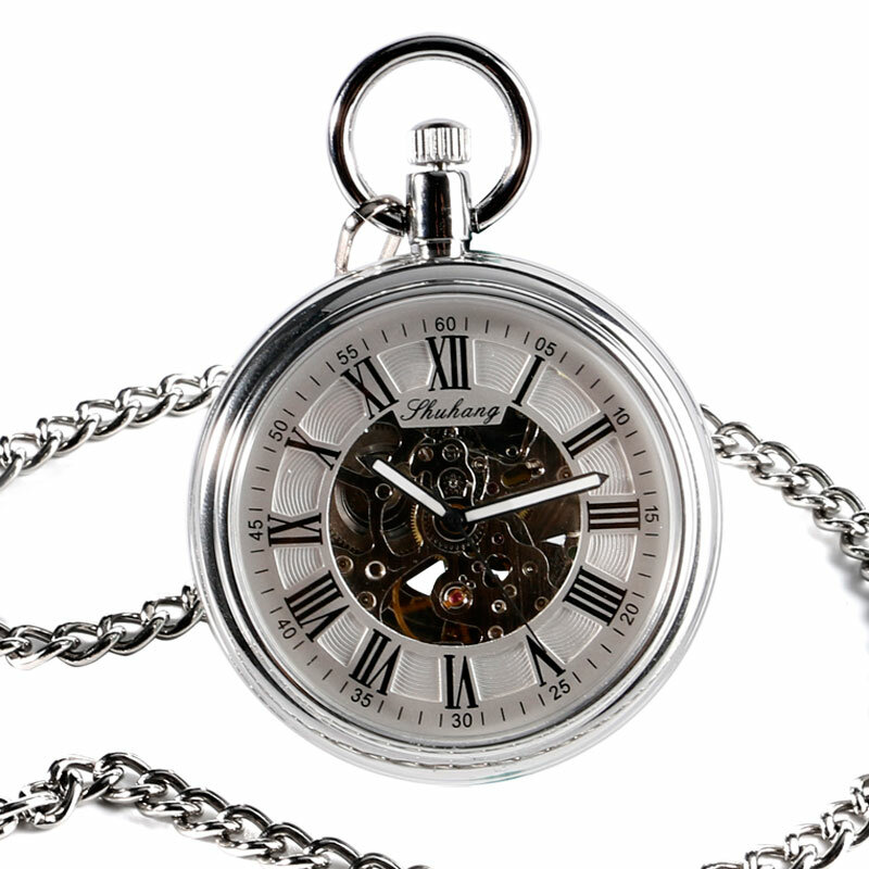 SHUHANG New Mechanic Watch 2017 Men Automatic Self Winding Pocket Watch Silver Simple Open Face Chain Pendant with Roman Number