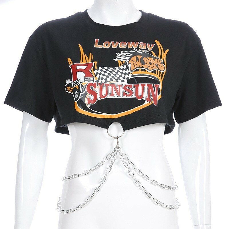 Chains Streetwear Cropped T Shirt Women Printed Cotton Black Dracarys T-shirt Women 2019 Summer Rock Crop Tops Tee Shirt Femme