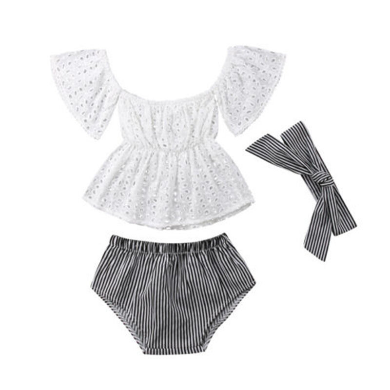 Neugeborenen Baby Mädchen Off Schulter Spitze Top Striped Shorts Outfits 3 Pcs Neue Baby Mädchen Kleidung Spitze Off Schulter Top + streifen Shorts