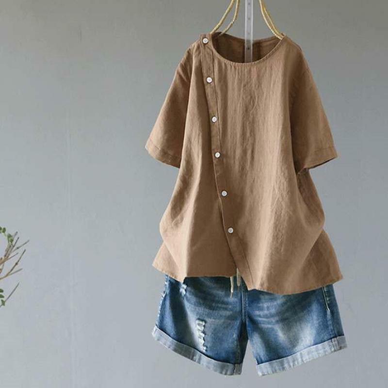 2020 Summer Plus Size Tops Leisure Casual Short Sleeve Solid Color Irregular Oblique Button Loose Comfort Simple Women Clothes