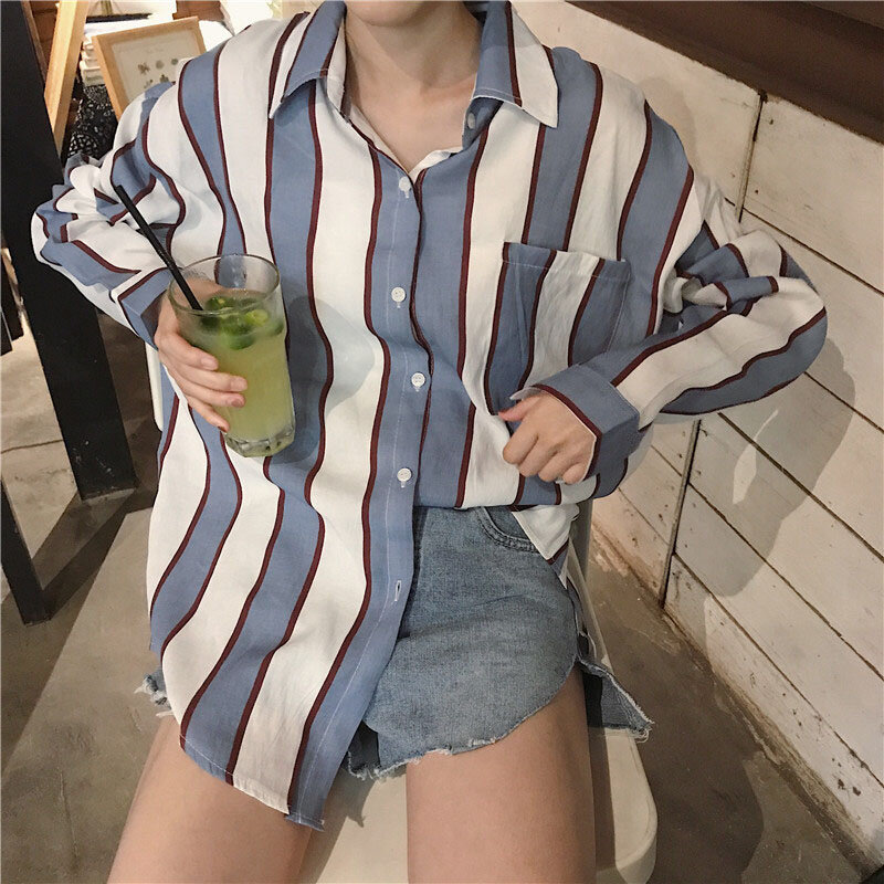 Blusa feminina listrada de manga comprida, camisa feminina solta slim fit para todos os estilos, 2018