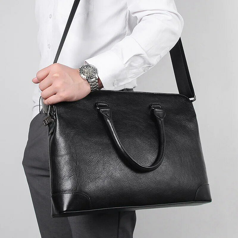 Nesitu Highend Black Genuine Leather A4 14'' Laptop Office Men Briefcase Male Business Shoulder Messenger Bags Portfolio M7406
