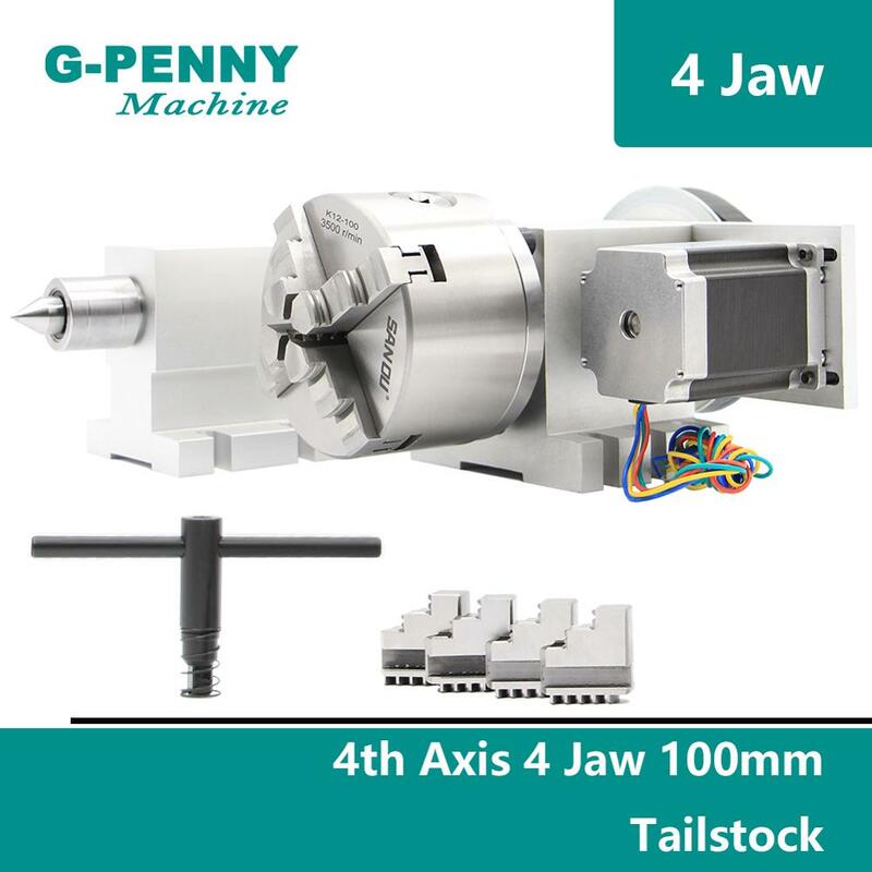 100mm 4 Jaw CNC 4th Axis+Tailstock CNC dividing head/Rotation Axis/A axis kit for Mini CNC router/engraver woodworking engraving
