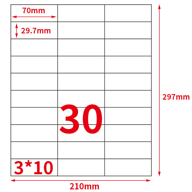 Etiquetas autoadhesivas para impresora láser/de inyección de tinta, etiquetas autoadhesivas de impresión A4 de 70 mm x 1500mm, 30 o 29,7 unidades, GL-33 (50 hojas)