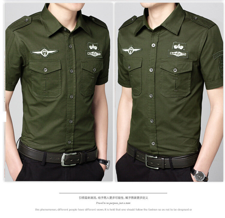 Camisa masculina estilo militar, plus size, camisa, 100% algodão, respirável, fit-down, gola, manga curta, tops