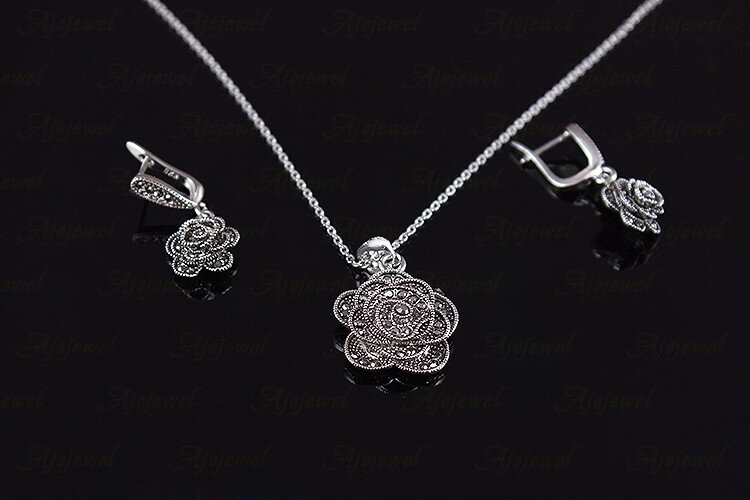 Ajojewel Merk Parure Bijoux Elegant Crystal Rose Bloem Ketting Oorbellen Black Vintage Sieraden Sets Voor Vrouwen