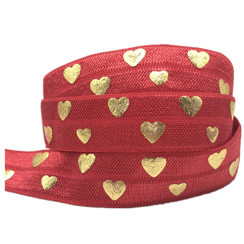 10yards 15mm Gold Foil Love Heart Print Fold Over Elastic FOE Ribbon Diy Headwear tie Sewing Wedding Decoration Accessories