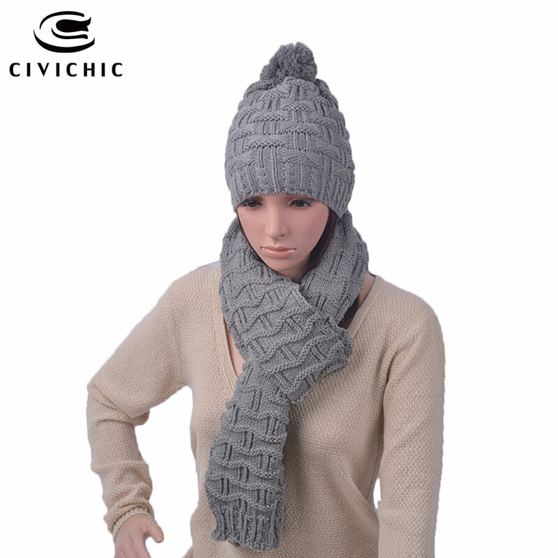 Civichic Mode Vrouw Haak Winter Muts Sjaal Set Korea Stijlvolle Twee Stukken Warmer Knit Cap Thicken Shawl Chic Hoofddeksels SH112