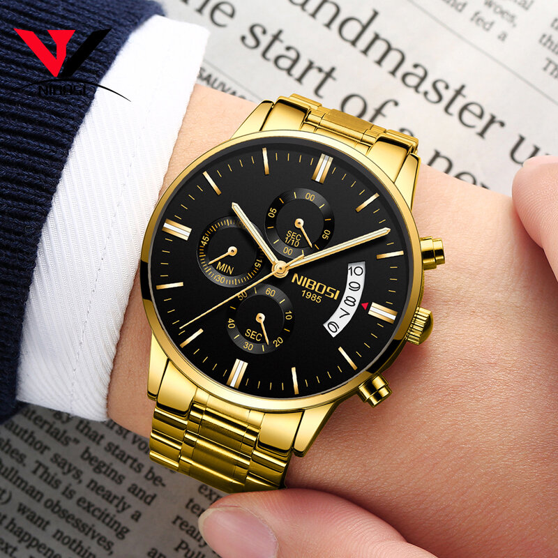 2018 NIBOSI золотые кварцевые часы лучший бренд роскошных Для мужчин часы моды человек Наручные часы Нержавеющая сталь Relogio Masculino Saatler