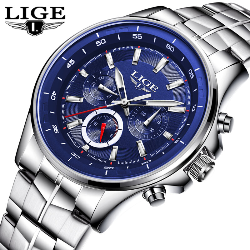 Top Brand Luxury Mens Watches LIGE Military Sports Quartz Watch Men's Business Leather Waterproof Chronograph Relogio Masculino