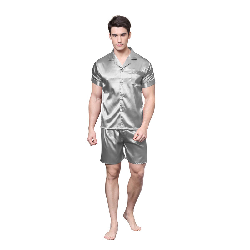Tony&Candice Satin Silk Pajamas Shorts For Men Rayon Silk Sleepwear Summer Male Pajama Set Soft Nightgown For Men Pyjamas