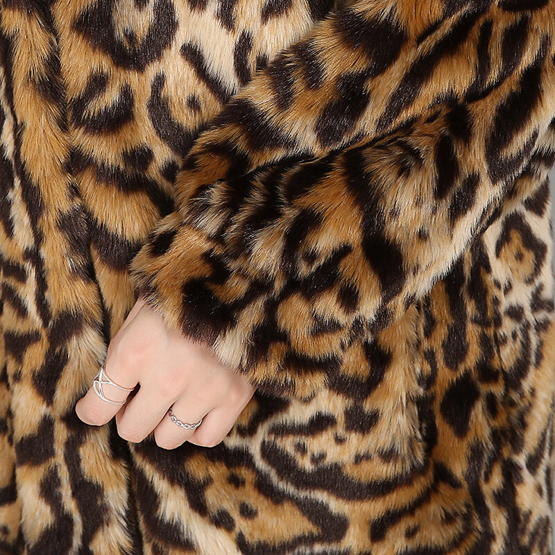 Casaco de leopardo de pele sintética para mulheres, sobretudo longo, grosso e quente, gola alta qualidade, moda europeia, inverno feminino, 5XL, 6XL