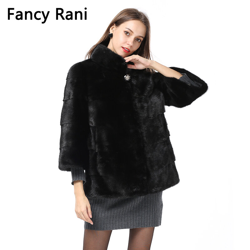 2018 Russian New Natural Real Whole Mink Fur Coat 3/4 Sleeve Women Mink Fur Coats Stand Collar Jackets Outwear Real Fur Clothing