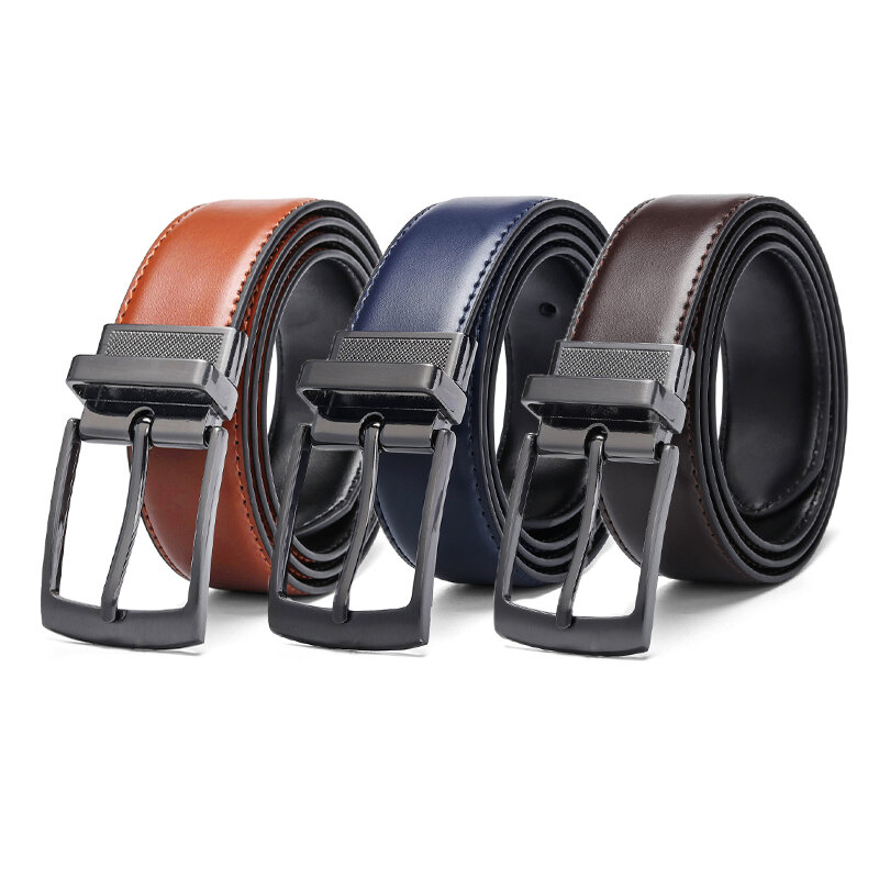 Cinturón Reversible de cuero genuino para hombre, cinturón de negocios para pantalones vaqueros, azul, marrón oscuro, negro, moda de lujo