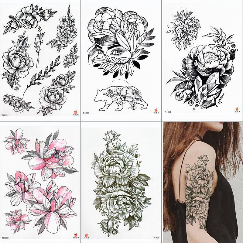 Водостойкая Временная тату-наклейка с рисунком лотоса, розы, водная переводка под грудью, плечами, цветами, искусственная татуировка для боди-арта