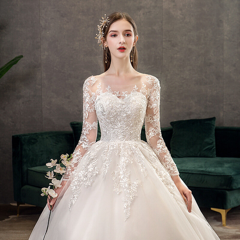 Новинка 2024, винтажное свадебное платье с круглым вырезом и длинными рукавами, иллюзионное простое кружевное платье с вышивкой на заказ, свадебное платье, свадебное платье