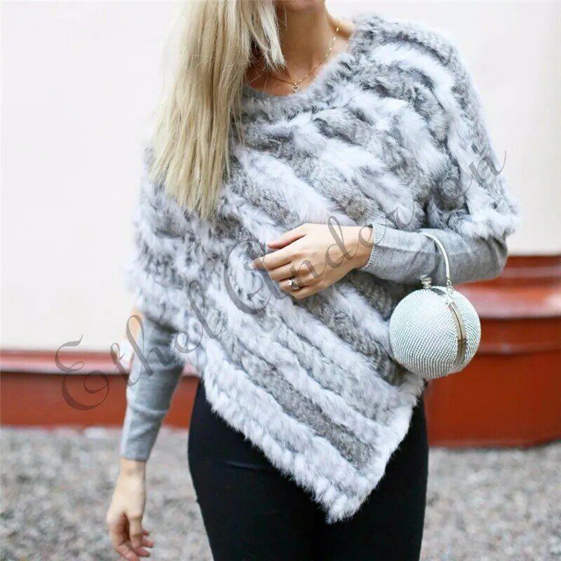 ETHEL ANDERSON Real Rabbit Fur Knitted Poncho Women Natural Fur Shawls Vest Wedding Party Coat Style Wraps Gift Wholesale