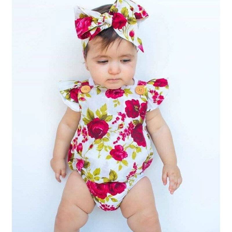 Bawełna Ruffles kombinezon w kwiaty odzież dla niemowląt 2018 noworodka dziewczynka śpioszki niemowlęce z pałąkiem na głowę kombinezon kombinezony strój kąpielowy