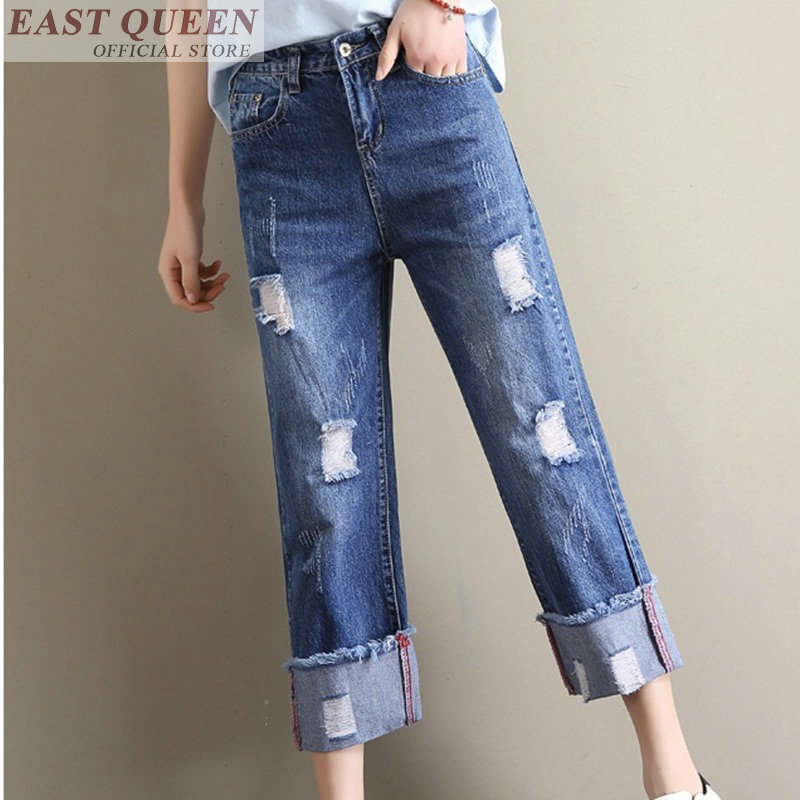 Jeans frau hohe taille lose ripped holes breite beinhosen für frauen freunde jean für frauen fashion denim hosen DD575 L