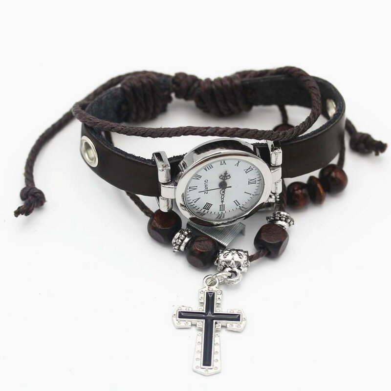 Shsby nowy unisex ROMA zegarek w starym stylu skórzany pasek bransoletki z zegarkiem krzyż religijny kobiety sukienka zegarki srebrny zegarek damski
