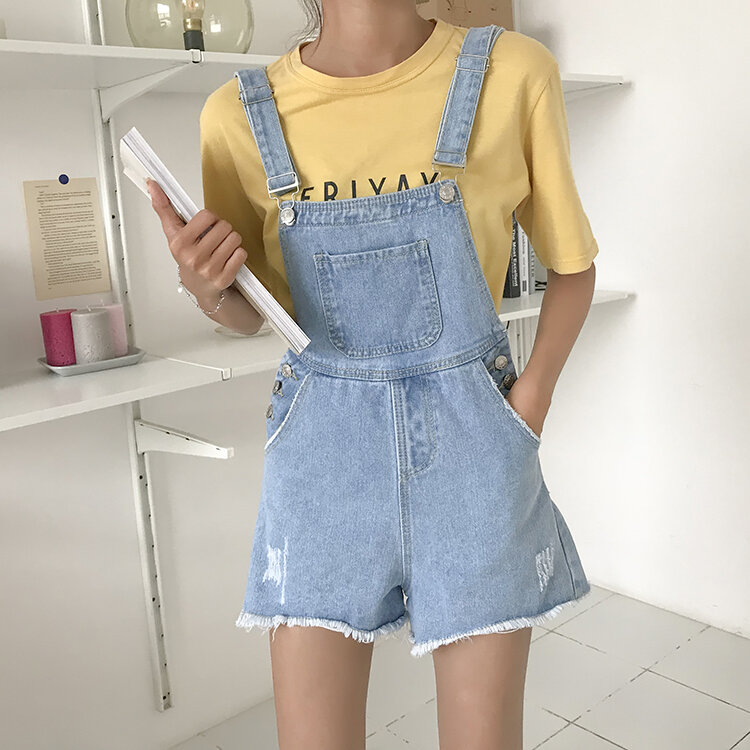 ฤดูร้อนผู้หญิง Vintage Denim Rompers เกาหลี Ulzzang แฟชั่น Jumpsuit Overalls Harajuku พู่ปุ่มด้านข้าง Jean สีดำ Playsuits