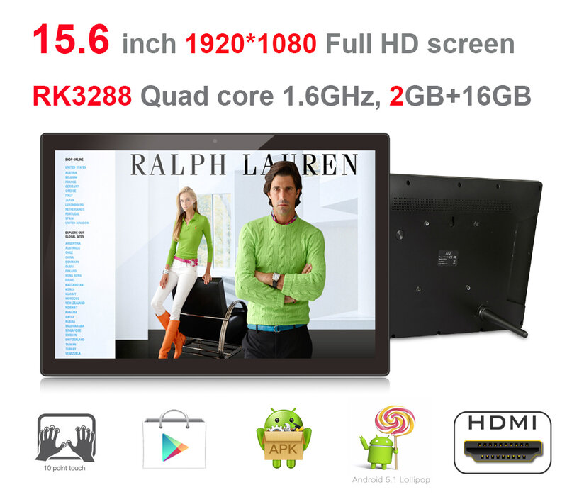 Kiosco-máquina de publicidad pc todo en uno, Android, actualizado-15,6 ", (RK3288 2GB DDR3,16GB nand,1920x1080, Bluetooth,100x100mm VESA)