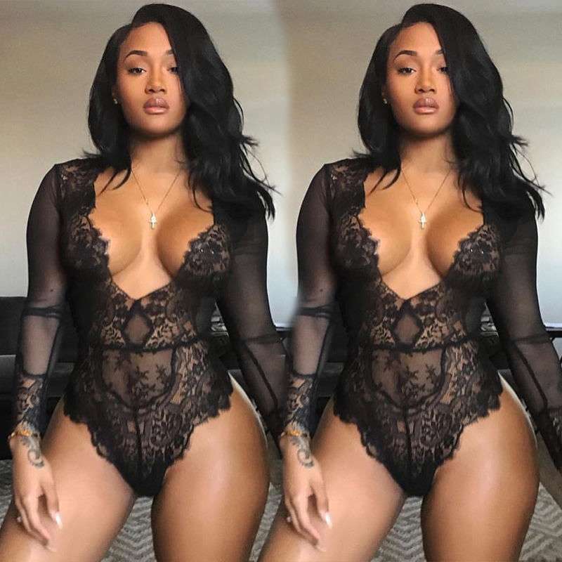 Transparent Sexy Lace Patchwork Bodysuits Women Rompers Bodycon Jumpsuit Long Sleeve Mesh Bodysuits See Through Deep V Bodysuits