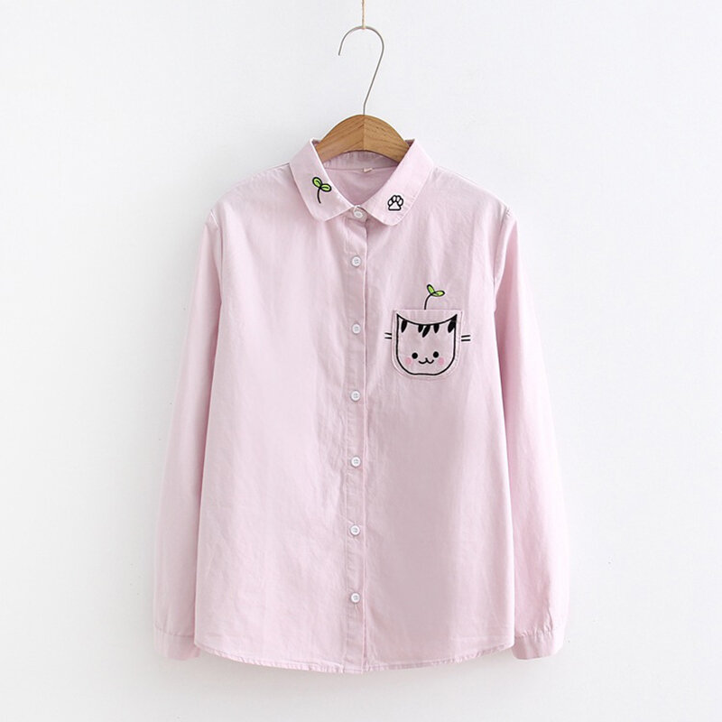 Women White Blouse Shirt Female Cotton New Summer Sweet Cartoon Cat Embroidery Shirts Women Tops Ladies Clothing 2019
