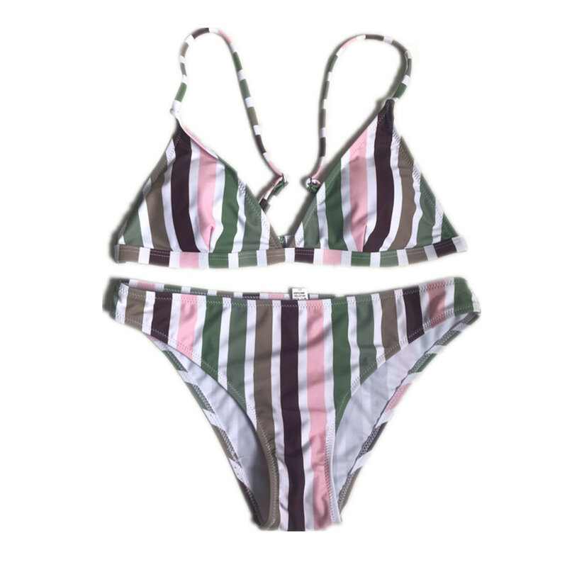 Swimwear Women Rainbow Striped Print Swimwear Bikini Set Swimwear Bandage Tankini Beach Bathing Suit Women c0611