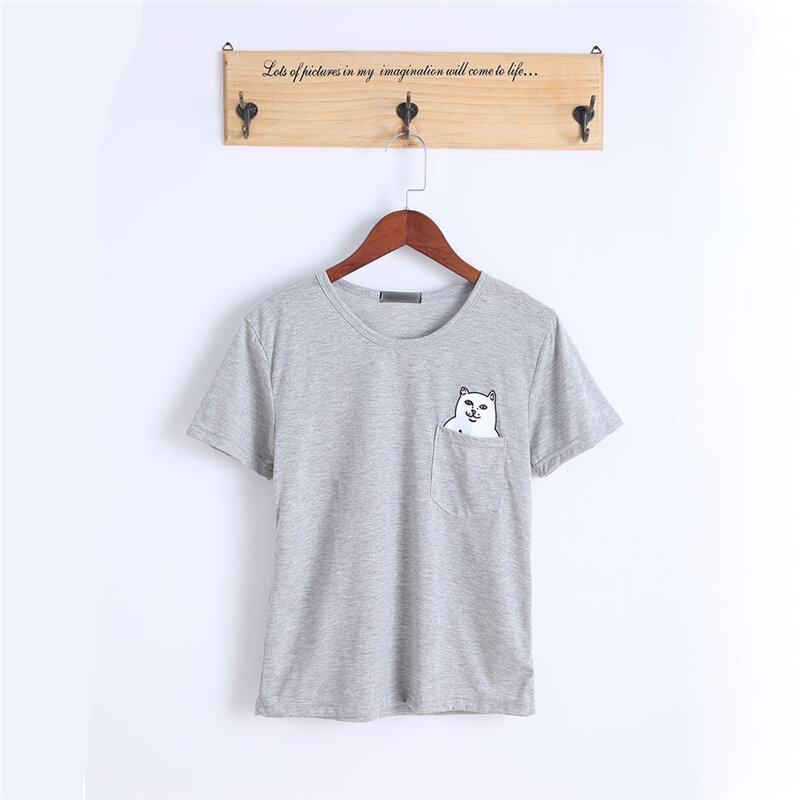 Summer 2018 women style T-shirt printing middle finger pocket Harajuku cat - neck short sleeve cotton couple tee